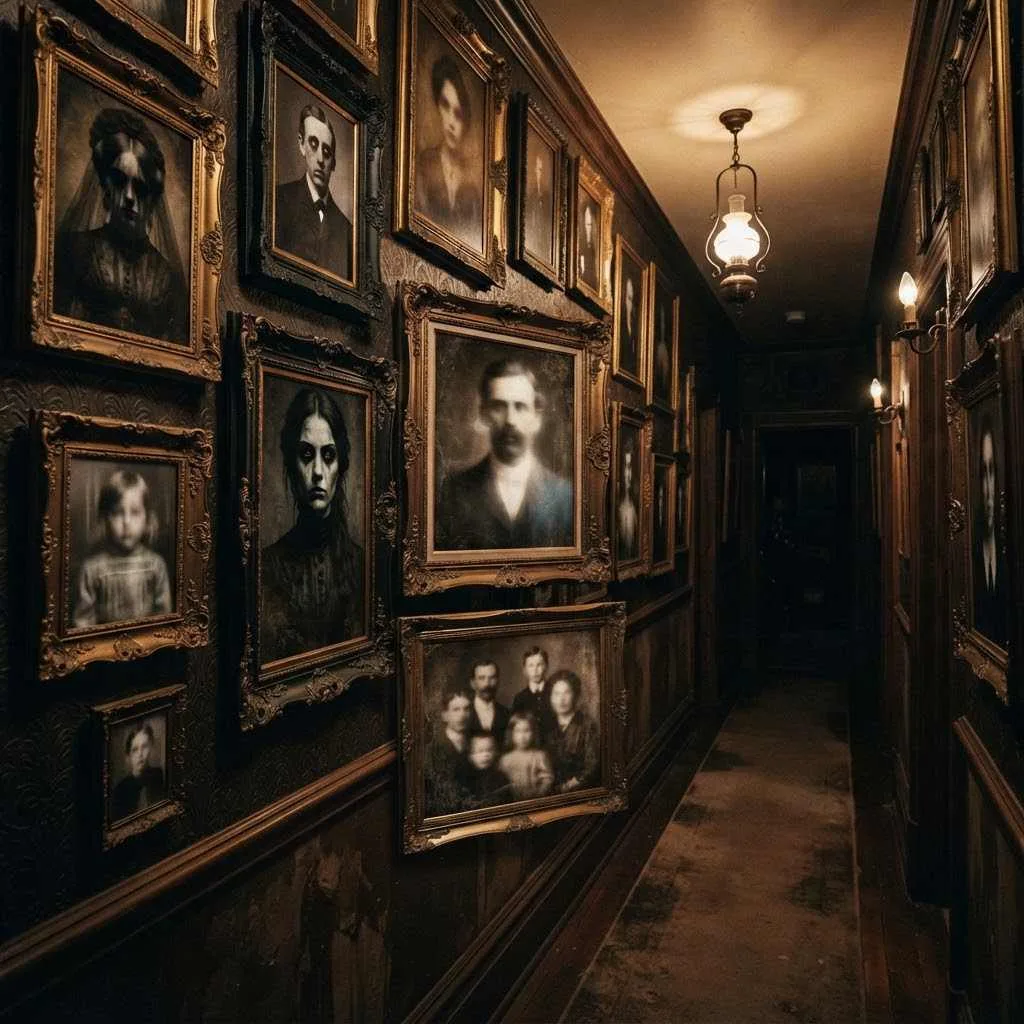 15 Halloween Staircase Decor Ideas That Will Steal the Show 8 7. Haunted Portrait Gallery Wall