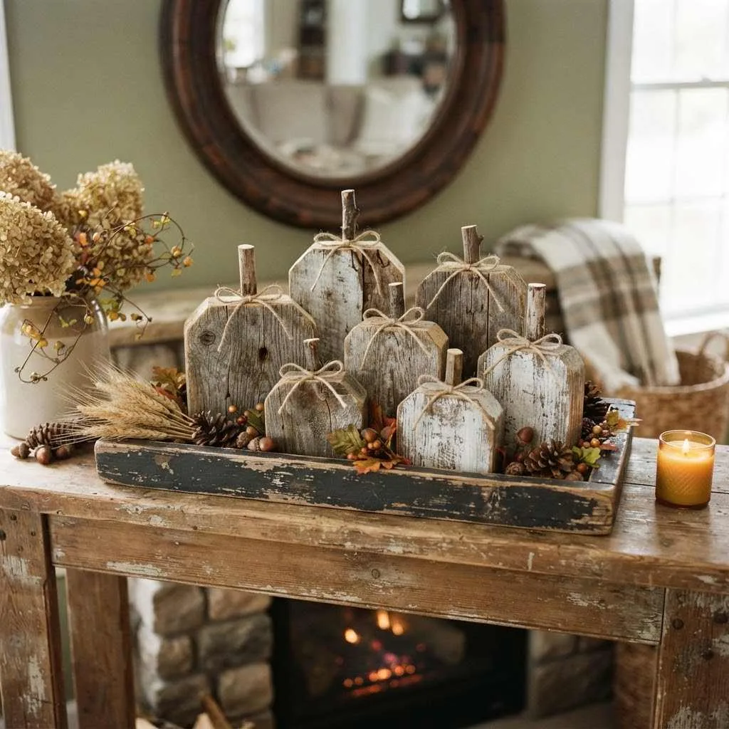 14 Rustic Fall Decor Ideas to Cozy Up Your Home This Season 2 Rustic Fall Decor Ideas Weathered Wood Pumpkin Display