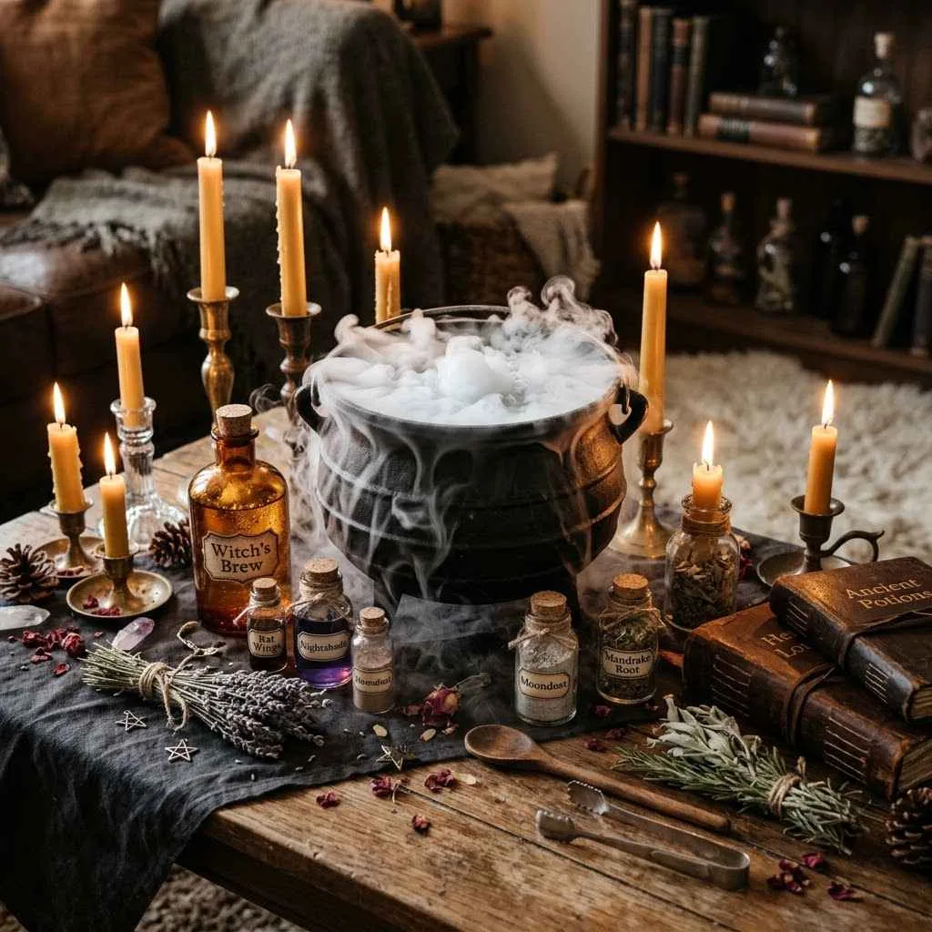 15 Halloween Living Room Decor Ideas 12 11. Witch's Brew Coffee Table Styling