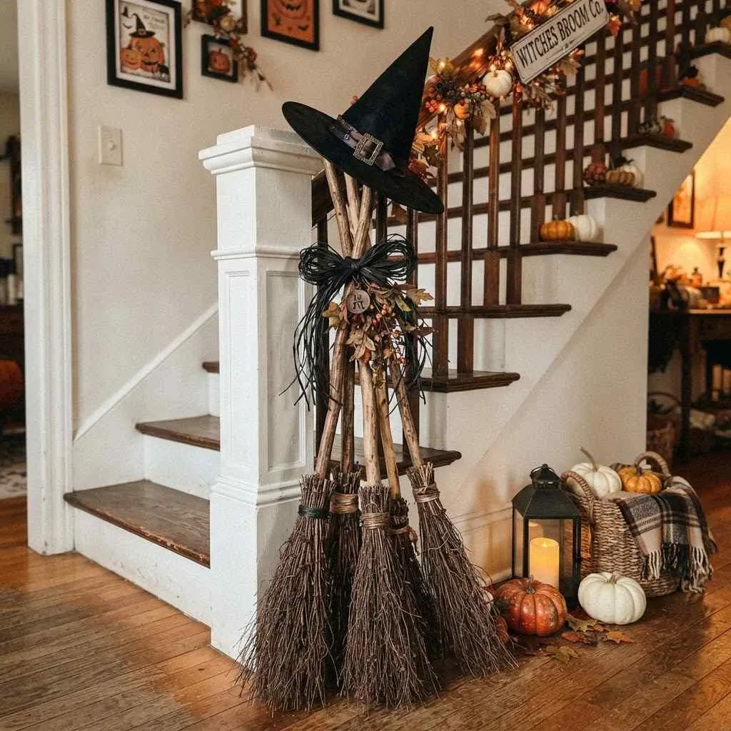 15 Halloween Staircase Decor Ideas That Will Steal the Show 10 9. Witch's Broom Corner Display