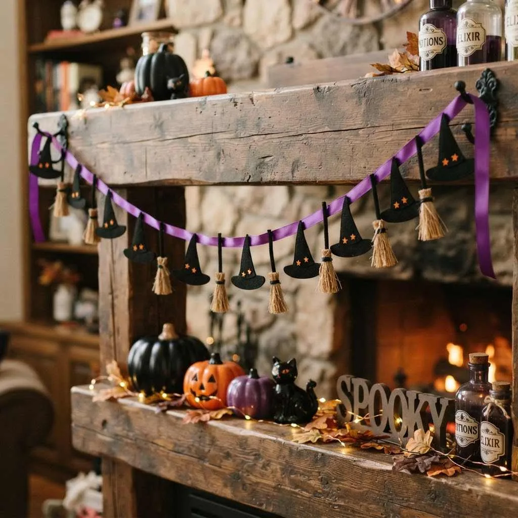14 Halloween Garland Ideas to Deck Out Your Home This Spooky Season 7 Witchy Hat and Broom Trim