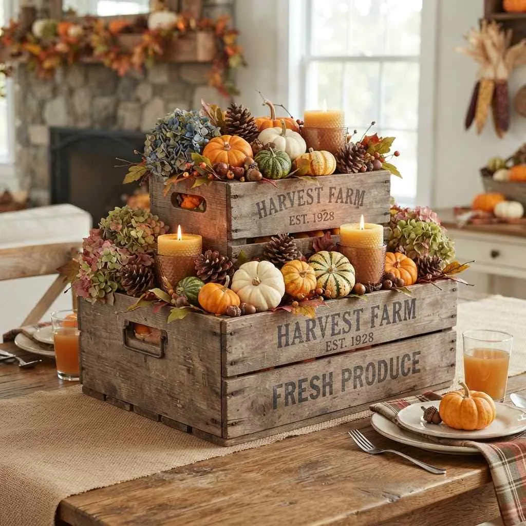 14 Farmhouse Fall Decor Ideas to Cozy Up Your Home This Season 5 4. Wooden Crate Centerpieces