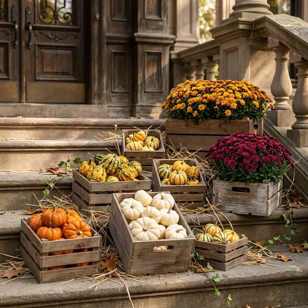 15 Fall Planter Ideas to Cozy Up Your Porch This Season 16 Wooden Crate Pumpkin Patch