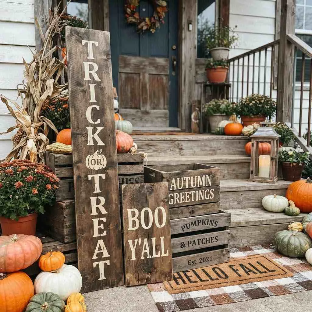 15 Farmhouse Halloween Decor Ideas That Bring Cozy Charm to Your Home 10 Wooden Crate Signs with Stenciled Sayings