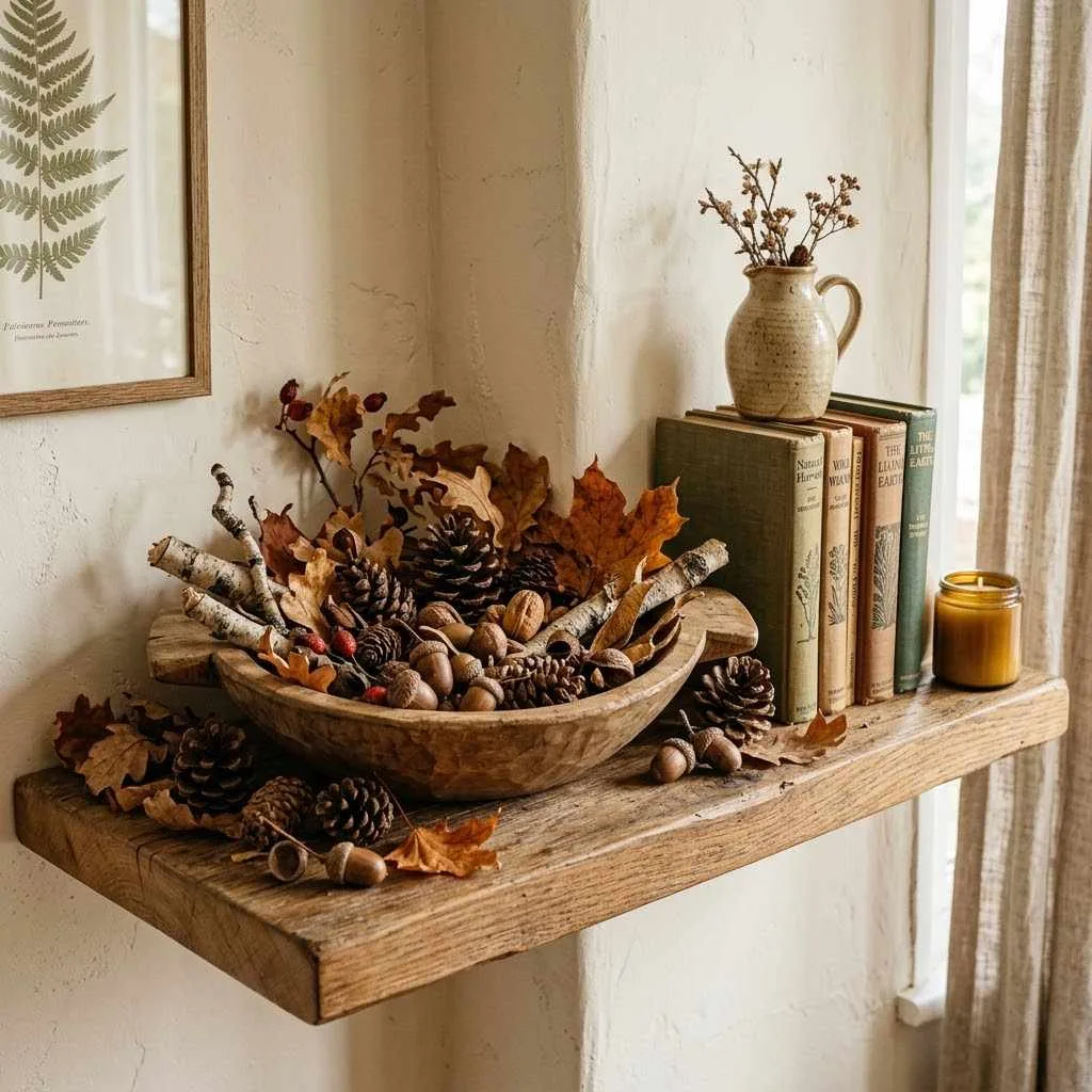 15 Fall Shelf Styling Ideas to Cozy Up Your Home This Season 3 2. Woodland Foraged Corner