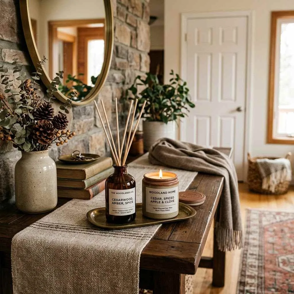 15 Fall Entryway Ideas to Warm Up Your Welcome 14 13. Woodsy Scented Diffusers or Candles