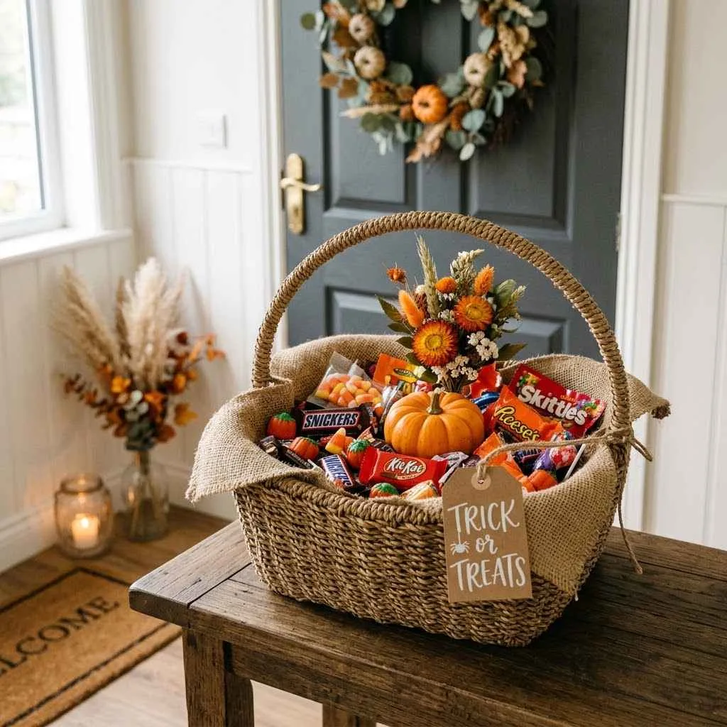 15 Boho Halloween Decor Ideas to Transform Your Space This Fall 14 Woven Basket Candy Station