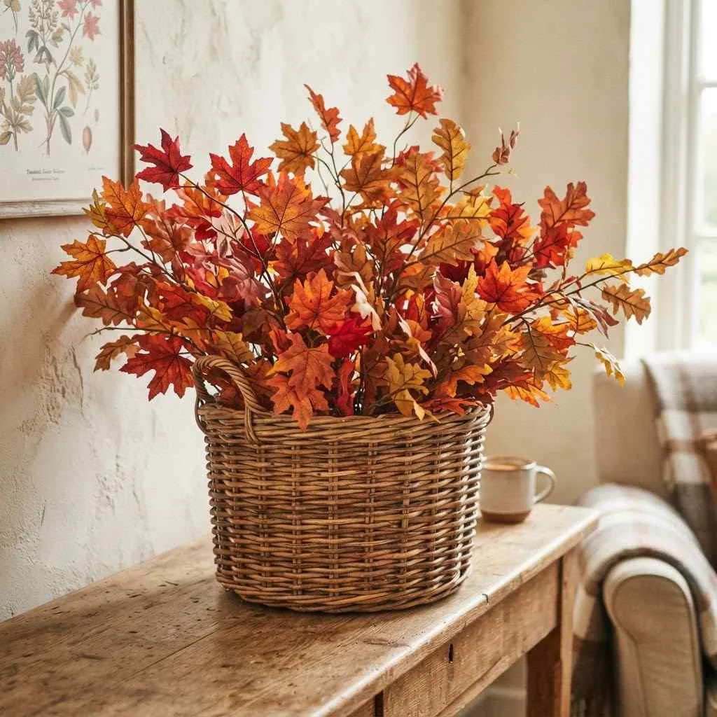 15 Fall Coffee Table Decor Ideas 15 Woven Basket with Faux Foliage compressed