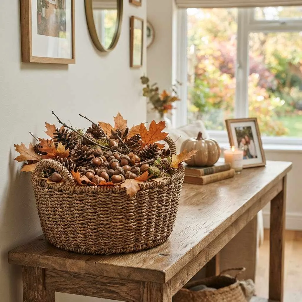 15 Fall Console Table Decor Ideas That'll Make Your Entryway Feel Like a Cozy Autumn Hug 6 5. Woven Basket with Foraged Finds