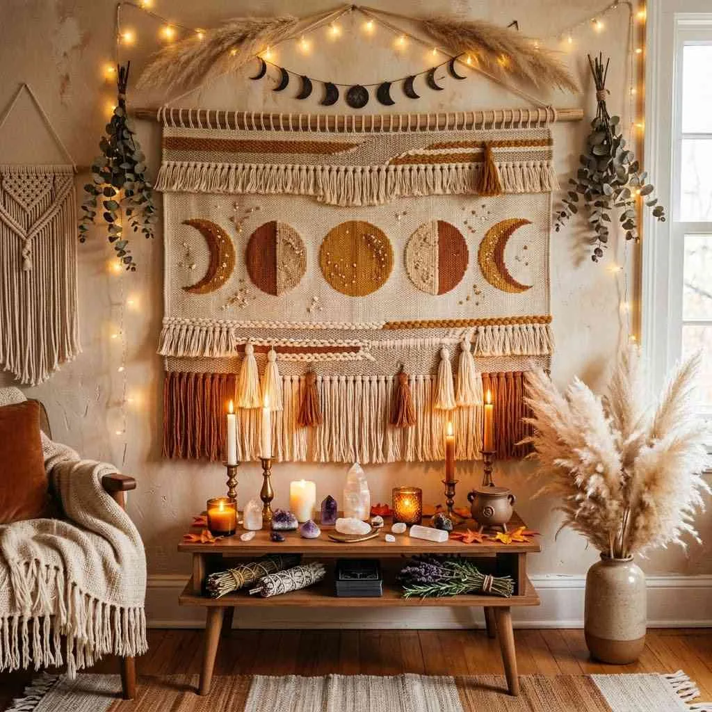 15 Boho Halloween Decor Ideas to Transform Your Space This Fall 10 Woven Wall Tapestry with Moon Phases