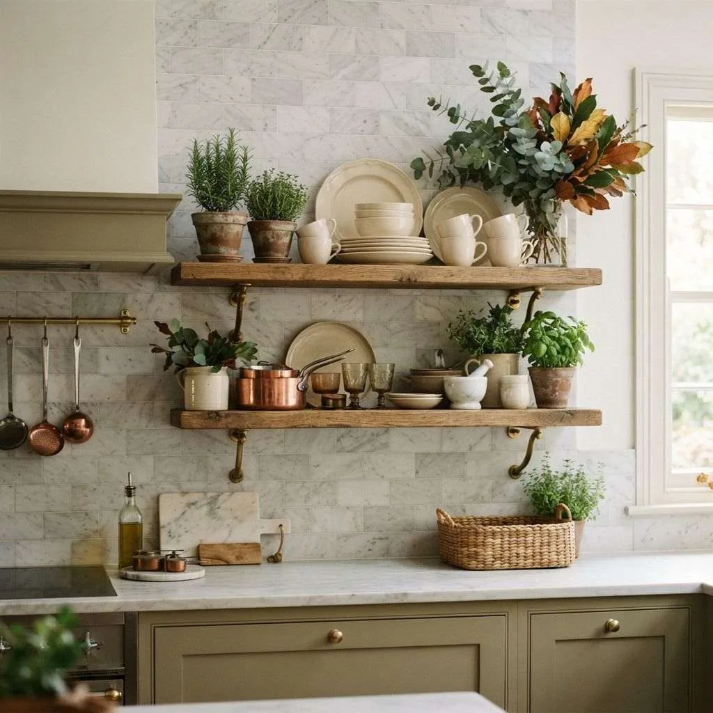 15 Fall Kitchen Decor Ideas That Bring Cozy Autumn Vibes Home 13 Style Open Shelves with Seasonal Greenery